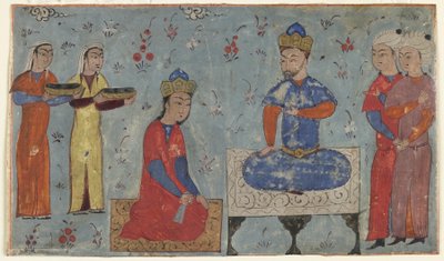 Folio z Shahnama (Księgi Królów) Firdawsiego (zm. 1020); recto: Sindukht Before Sam, Iran (nieprzezroczysta akwarela, tusz i złoto na papierze) autorstwa Persian School
