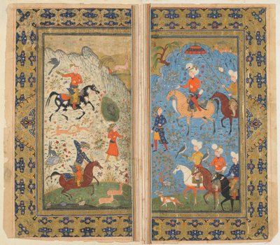 Folio z Shahnama (Księgi Królów) Firdawsiego; Królewskie polowanie, Iran, ok. 1590-1600 (nieprzezroczysta akwarela, tusz i złoto na papierze) autorstwa Persian School