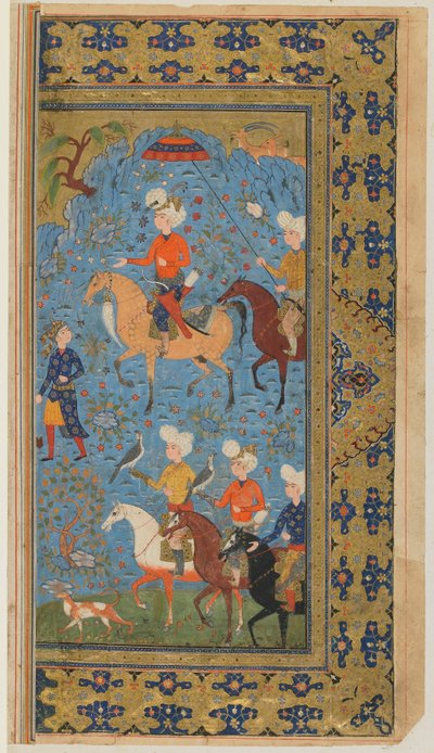 Folio z Shahnama (Księgi Królów) Firdawsiego; Królewskie polowanie, Iran, ok. 1590-1600 (nieprzezroczysta akwarela, tusz i złoto na papierze) autorstwa Persian School