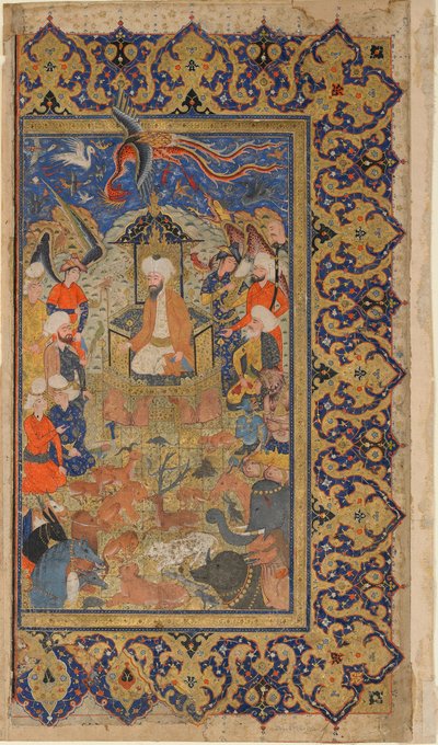 Folio z Shahnama (Księgi królów) Firdawsiego; odwrócona: Sulayman Inthroned, Shiraz, Fars, Iran, okres Safavid, ok. 1590-1600 (nieprzezroczysta akwarela, atrament i złoto na papierze) autorstwa Persian School