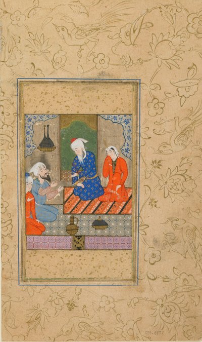 Folio z Yusuf u Zulaykha autorstwa Jami (zm. 1492); Zulaykha i starszy mężczyzna Posłuchaj rozmowy, prawdopodobnie Mashhad, Iran, ok. 1560-70 (nieprzezroczysta akwarela, atrament i złoto na papierze) autorstwa Persian School