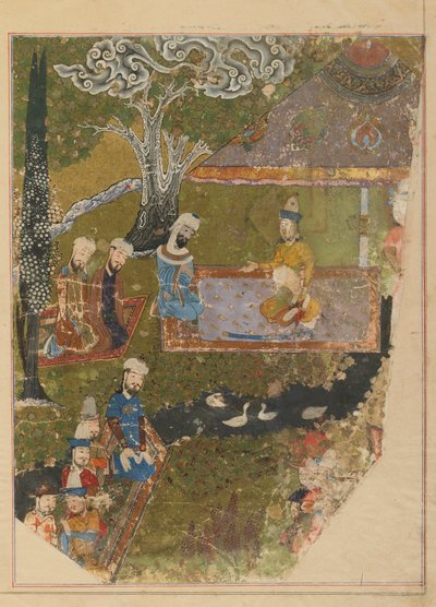 Folio z Zafarnamy; verso: Timur udziela audiencji z okazji wstąpienia na tron w Balch, Sziraz, Iran, okres Timurydów (nieprzezroczysta akwarela, atrament i złoto na papierze) autorstwa Persian School