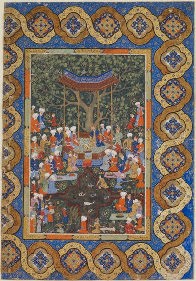 Folio z niezidentyfikowanego tekstu; Władca w pawilonie ogrodowym w otoczeniu dworzan i sług (nieprzezroczysta akwarela, tusz i złoto na papierze) autorstwa Persian School