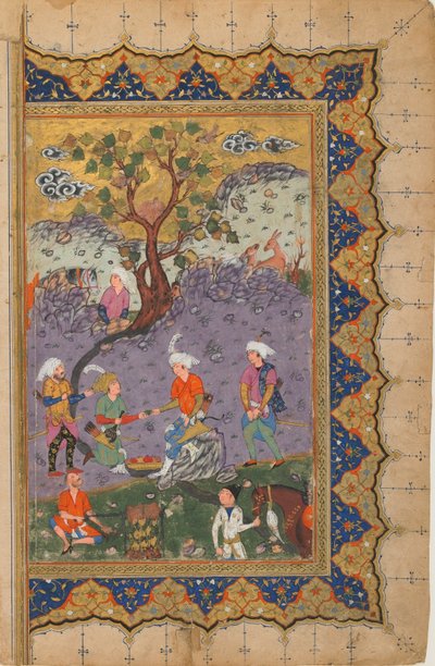 Folio z niezidentyfikowanego tekstu; verso: Książę siedzący na skale otoczony przez pomocników, Isfahan, Iran, ok. 1600 (nieprzezroczysta akwarela, atrament i złoto na papierze) autorstwa Persian School