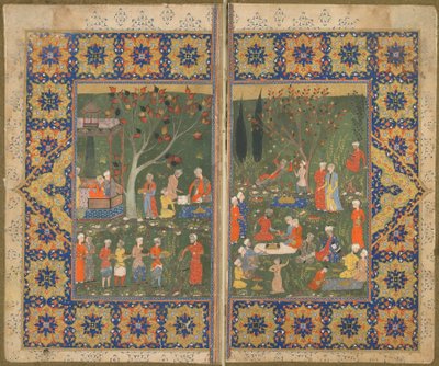 Folio z niezidentyfikowanego tekstu; verso: Przyjęcie w ogrodzie, Sziraz, Iran, ok. 1570 (nieprzezroczysta akwarela, tusz i złoto na papierze) autorstwa Persian School