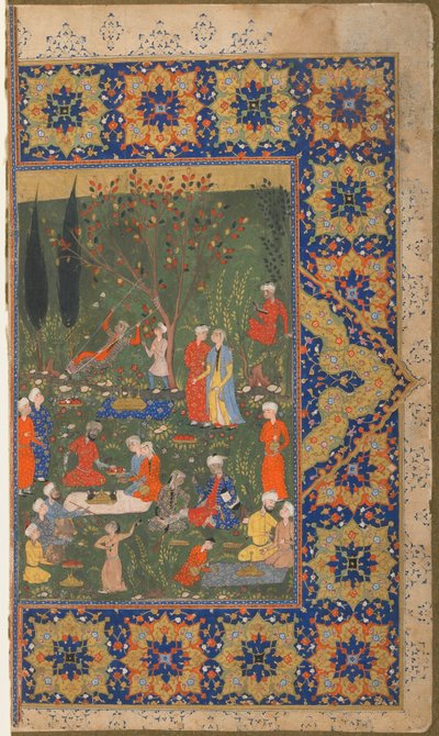 Folio z niezidentyfikowanego tekstu; verso: Przyjęcie w ogrodzie, Sziraz, Iran, ok. 1570 (nieprzezroczysta akwarela, tusz i złoto na papierze) autorstwa Persian School