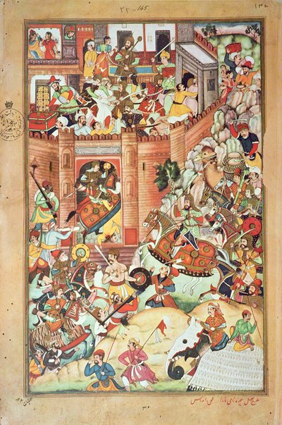 Czyngis-chan chwyta chińskie miasto, miniaturę z „Perskiej historii Czyngis-chana” ukończonej w 1596 roku autorstwa Persian School