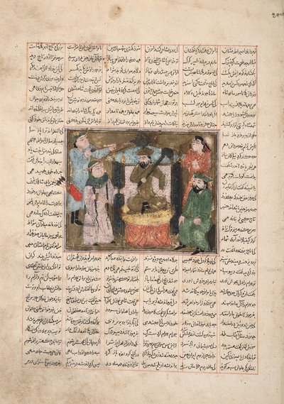 Gordiyeh radzi swojemu bratu Bahramowi Chubinehowi, aby nie aspirował do tronu perskiego, ok. 1330 (nieprzezroczysta toaleta, złoto i atrament na papierze) autorstwa Persian School