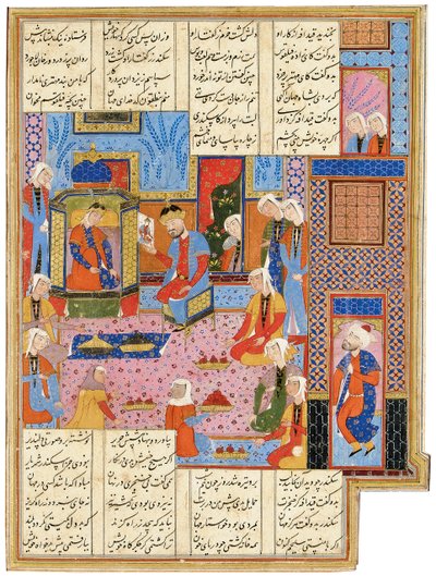 Ilustracja z Safavid Shahnama: Aleksander w przebraniu wysłannika rozpoznany przez królową Nushabę, Sziraz, Iran, 1650-1700 autorstwa Persian School