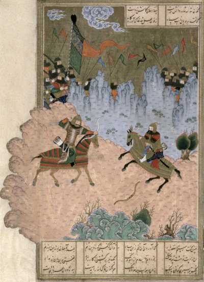 Isfandiyar zabity przez Rustama za pomocą magicznej strzały, ilustracja z Shahnama (Księgi Królów), autorstwa Abul-Qasima Manura Firdawsiego (ok.934-c.1020) ok.1440-45 (pióro, atrament i toaleta na welinie) autorstwa Persian School