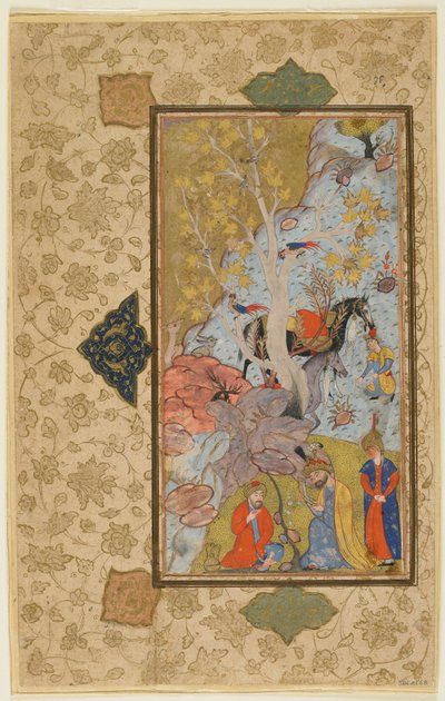 Iskandar odwiedza pustelnika, Sziraz, Iran, ok. 1580-1600 (nieprzezroczysta akwarela, atrament i złoto na papierze) autorstwa Persian School