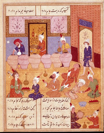 Sztuka Islamu: „”bankiet z muzykami””” Miniatura ilustrująca wiersze perskiego poety Hafeza (Hafiz Shirazi), perski rękopis. 1554 San Lorenzo de El Escorial, Biblioteka Królewska Klasztoru El Escorial, Madryt autorstwa Persian School