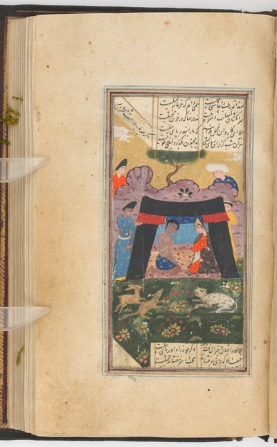 Layla i Majnun w namiocie (malarstwo recto; tekst na folio 205), obraz z rękopisu Kulliyat z Sa’di (atrament, kolory i złoto na papierze) autorstwa Persian School