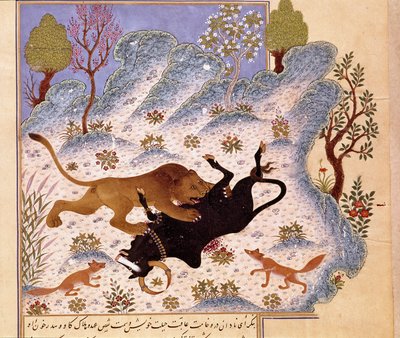Lew atakujący byka Strona Kalila i Dimna autorstwa Persian School