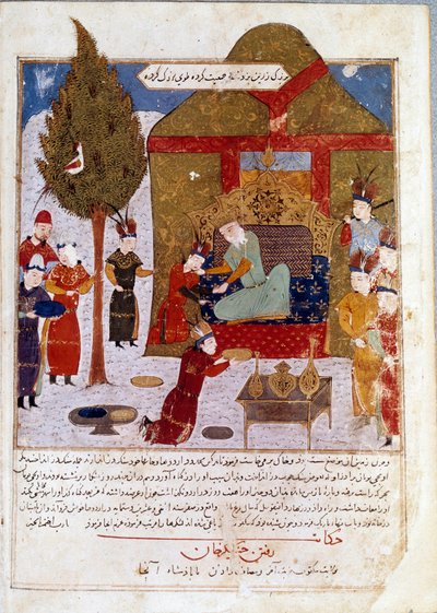 Mongolski cesarz Czyngis-chan (1167-1227) na tronie w obozie w pobliżu Ilmil z wnukami Quibalai i Hule Gu perską miniaturą zabraną z Jami al-Tawarikh (Jami al tawarikh) (Historia Imperium Mongolskiego) przez Raszida al-Dina ( al-Din) (B.1247-1318) autorstwa Persian School