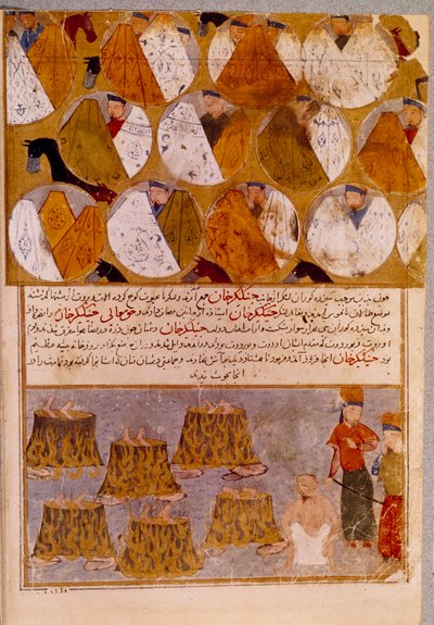 Mongolskie namioty i więźniowie Czyngis-chana (1162-1227): Czyngis-chan ma wyznawców Djamuqua, Mongoła z plemienia Dżadżirat wrzuconych do kotłów. Perska miniatura zaczerpnięta z „”Jami al-tawarikh”” (Jami al tawarikh) lub „”Universal History”” autorstwa Persian School