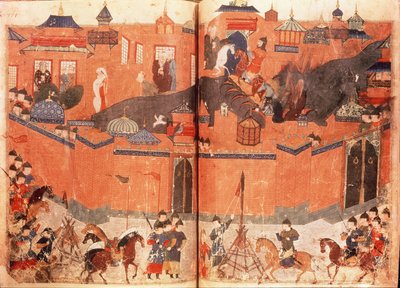 Ms.Sup.Pers.1113.f.180v-181 Mongołowie pod wodzą Hulagu Khana szturmują i zdobywają Bagdad w 1258 r., z książki Rashida al-Dina (1247-1318) (welin) autorstwa Persian School