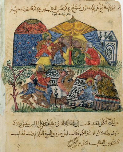 Ms C-23 f.43b, Starzec i młody człowiek przed namiotami bogatych pielgrzymów, z „Maqamat” (Spotkania) Al-Hariri (1054-1121) c.1240 (gwasz na welinie ) autorstwa Persian School