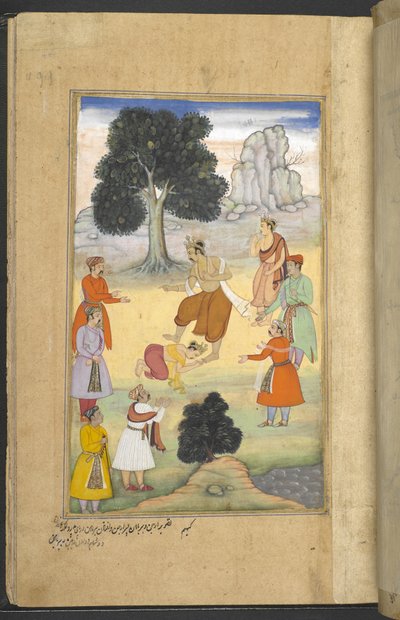 Or.12076 f.44r Arjuna traktujący swego syna Babhruvahanę z pogardą w Manipur (Khem) z „Razmnāmah” (ʻKsięga wojnyʼ), przekład Mahabharaty przez Naqib Khana autorstwa Persian School