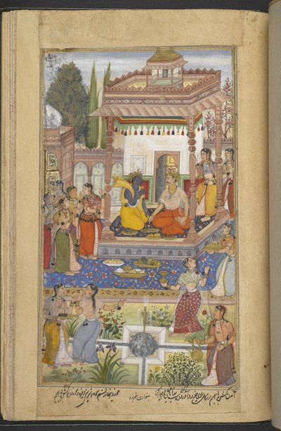 Or.12076 f.95r Krishna opowiadający Bhimie o wyczynach Ardżuny, których kobiety również słuchają (Banwari Khurd) z „Razmnāmah” (ʻKsięga wojnyʼ), przekładu Mahabharaty przez Naqib Khana autorstwa Persian School