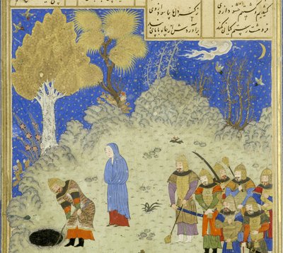 Perski 239 fol.180a Szczegół: Rustam ratuje Bhana z dołu, ilustracja z Szahnamy (Księgi Królów), autor Abul-Qasim Mansur Firdawsi (ok. 934-ok. 1020), 1444 r. autorstwa Persian School
