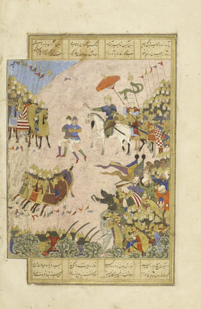 Perski 239 fol.269b Gusht?sp w bitwie z Asj?sp pod Balkh, ilustracja z Szahnamy (Księga Królów), autor Abul-Qasim Mansur Firdawsi (ok.934-c.1020), 1444 autorstwa Persian School