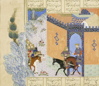 Perski 239 fol.394a Szczegół: Ucieczka Qub?d, ilustracja z Szahnamy (Księga Królów), autor Abul-Qasim Mansur Firdawsi (ok. 934-ok. 1020), 1444 r. autorstwa Persian School