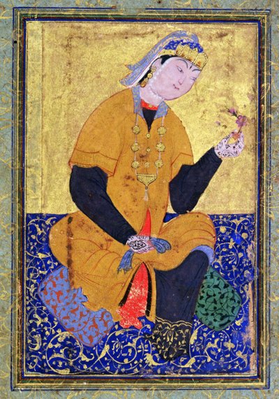 Portret Beguma Hamida Banu trzymającego pieczęć, ilustrowane folio z Antologii Mir Ali, 1550, autorstwa Persian School