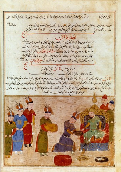 Reprezentacja Ogodei Chana (1186-1241), jest synem Czyngis-chana. Perska miniatura zaczerpnięta z „”Jami al-tawarikh”” (Jami al-tawarikh) lub „”Universal History”” przez historyka Rashida al-dina (aldin) (1247-1318) Około 1430 r. Paryż, B.N. autorstwa Persian School