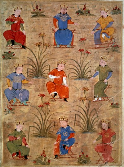 Reprezentacja siostrzeńców Czyngis-chana perska miniatura zaczerpnięta z „Jami al-tawarikh” (Jami al tawarikh) lub „Historii świata” przez historyka Raszida al-dina (al din) (1247-1318) Około 1430. Paryż, B.N. autorstwa Persian School