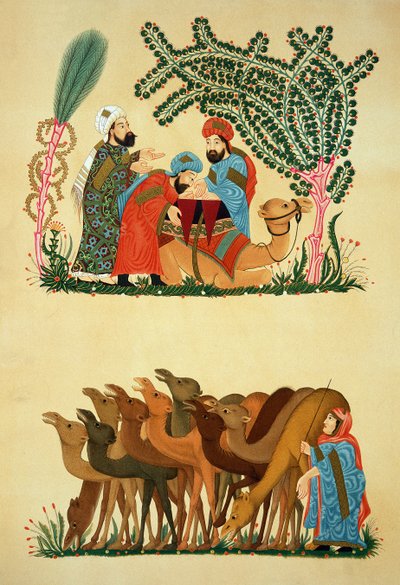 Sceny zaczerpnięte z rękopisu Maqamat z Al-Hariri, sztychowane przez Lestel, wydane przez Lemercier, Paryż autorstwa Persian School