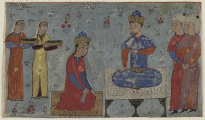 Sindukht przed Samem (nieprzezroczysta akwarela, tusz i złoto na papierze) autorstwa Persian School