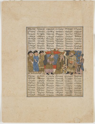 Sudaba oskarżający Siyavush, z Shahnama (Księgi Królów) Firdawsiego (zm. 1020) (nieprzezroczysta akwarela, atrament, złoto i srebro na papierze) autorstwa Persian School