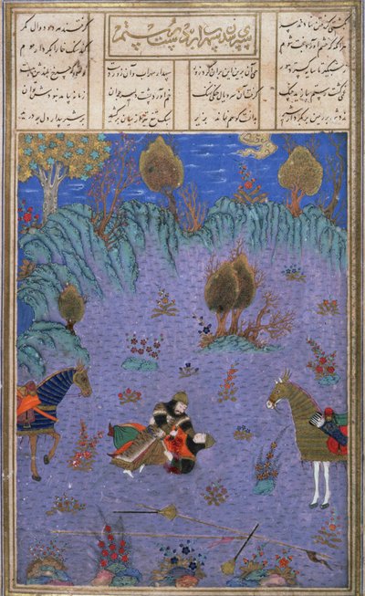 Suhrab zabity przez swojego ojca Rustama, ilustracja z Shahnama (Księgi Królów), autorstwa Abul-Qasima Manura Firdawsi (ok.934-c.1020) ok.1440-45 (pióro, atrament i toaleta na welinie) autorstwa Persian School