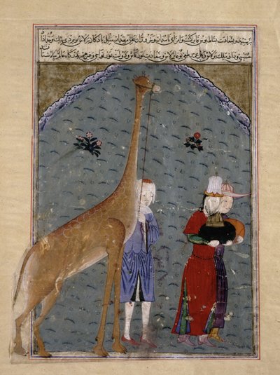 Ambasadorowie egipskiego sułtana al-Nasir Faraj ibn Barquq prezentują Timurowi swoje dary, w tym żyrafę, ilustracja z Zafarnamy Sharaf al-Din Ali Yazdishiraz, 1436 (tusz, autorstwa Persian School