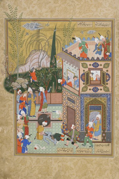 Kapryśny stary kochanek jest strącony z dachu, folio z Haft awrang (Siedem tronów) autorstwa Jamiego (zm.1492), prawdopodobnie Meszad, Khurasan, Iran, dynastia Safawidów, 1556-1565 (atrament, nieprzezroczysta akwarela i złoto autorstwa Persian School