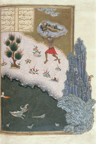 Śpiący Rustam niesiony w powietrzu przez demona Akwana, ilustracja z Shahnama (Księgi Królów), autorstwa Abul-Qasima Manura Firdawsiego (ok.934-c.1020) ok.1440-45 (pióro, atrament i toaleta na welinie ) autorstwa Persian School