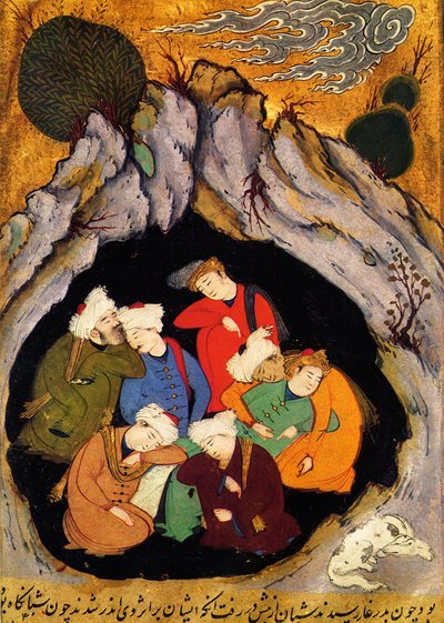 „Śpiąca siódemka z Efezu”” ze „Złotej legendy” Jakuba (Jakuba) de Voragine (1228-1298). Xilografia XVI w. Perska miniatura z rękopisu „Historia proroków” z XVI w., ok. 1550 autorstwa Persian School
