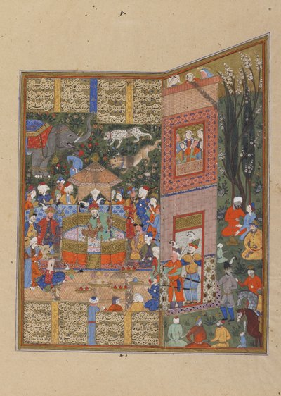 Wysłannicy Salma i Tura przed Faridunem, ok. 1560 (nieprzezroczysta akwarela, tusz i złoto na papierze) autorstwa Persian School