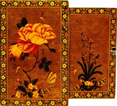 Przód i tył lusterka pomalowane odpowiednio hiacyntem i różą, XVII w. autorstwa Persian School