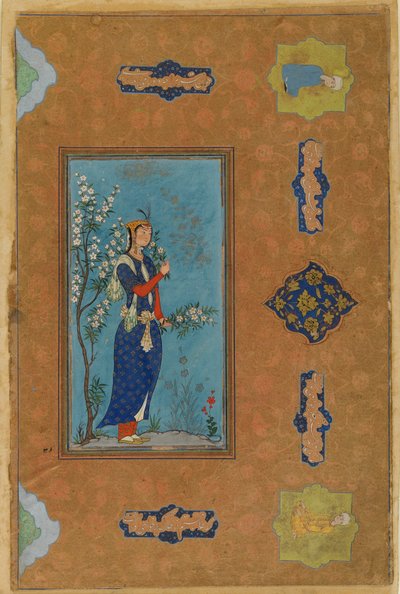 Kobieta z bukietem kwiatów, okres Safawidów, ok. 1575 (toaleta i złoto na papierze) autorstwa Persian School