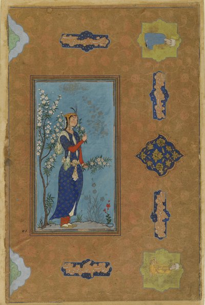 Kobieta z bukietem kwiatów, ok. 1575 (nieprzezroczysta akwarela i złoto na papierze) autorstwa Persian School