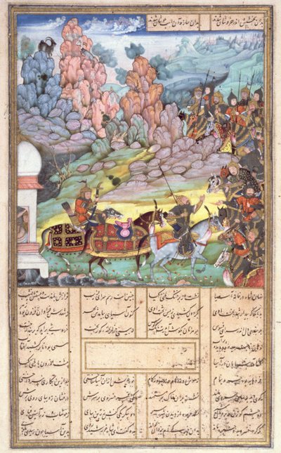 Yazdagird ukrywający się w młynie, ilustracja z Shahnama (Księgi Królów), Abul-Qasim Manur Firdawsi (ok.934-c.1020) ok.1440-45 (pióro, atrament i toaleta na welinie) autorstwa Persian School