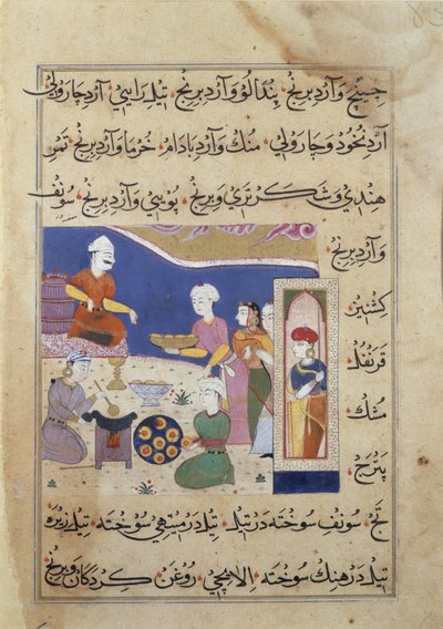 f.83v Przygotowanie słodyczy dla sułtana Mandu, z rękopisu o kuchni indyjskiej (welum) autorstwa Persian School