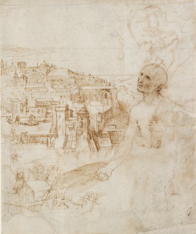 Widok miasta Perugia, na pierwszym planie skruszony św. Hieronima, 1500-1504 autorstwa Perugino