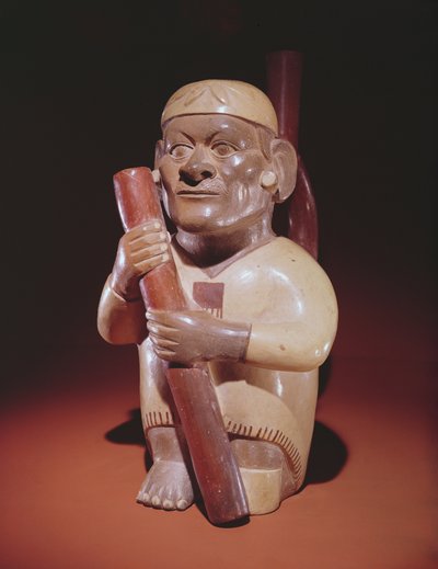 Siedzący jednonogi mężczyzna, Mochica Culture (ceramika) autorstwa Peruvian School