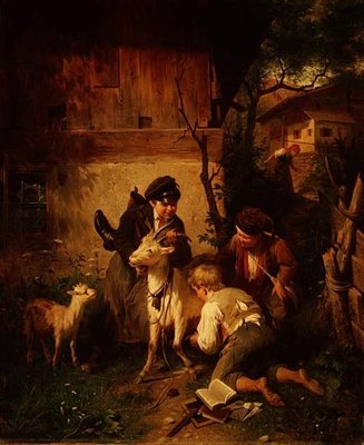 Chłopcy bawią się z kozą autorstwa Peter Baumgartner