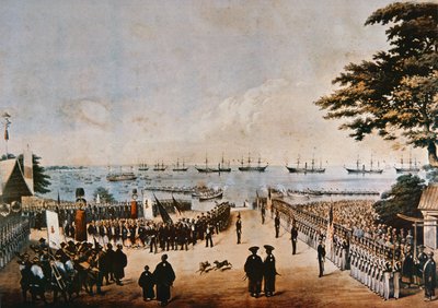 Komandor Perry ląduje w Japonii, aby spotkać się z komisarzami cesarskimi w Jokohamie, 8 marca 1854 r autorstwa Peter Bernhard Wilhelm Heine