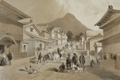 Ulica w Hakodadi, z „Narracji o wyprawie amerykańskiego dywizjonu do mórz chińskich i Japonii”, wyd. Sarony und Co., 1856 (przyciemniana lito) autorstwa Peter Bernhard Wilhelm Heine