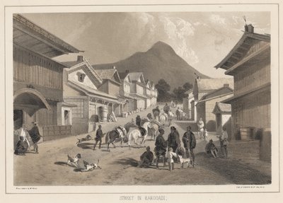 Ulica w Hakodadi, litho autorstwa Sarony und Co., 1855 (chromolitho) autorstwa Peter Bernhard Wilhelm Heine